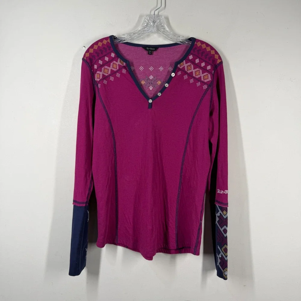 AlpnRock Womens Magenta Organic Cotton Embroidered Henley Long Sleeve Top L